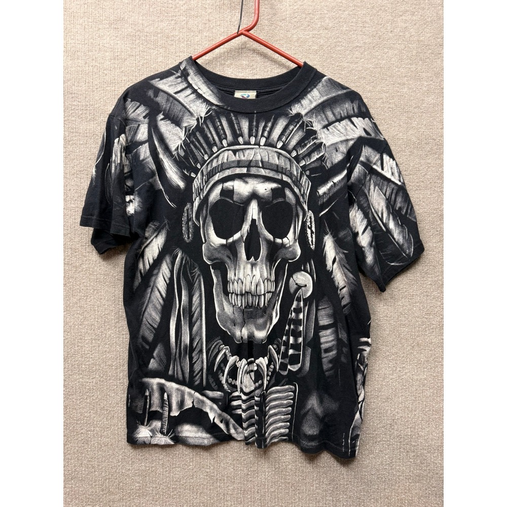 Liquid Blue Skull Headdress All Over Print T-Shirt Black White Mens Large